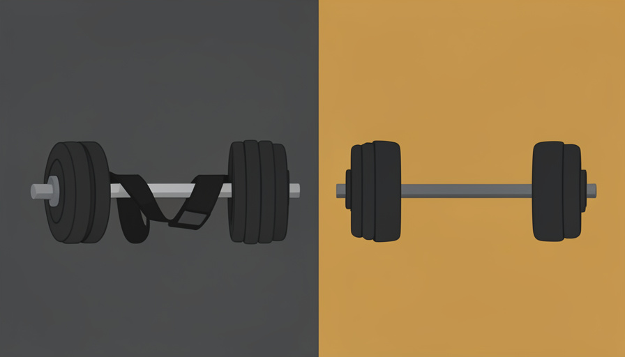 Two loaded barbells side by side, one with lifting straps and one bare