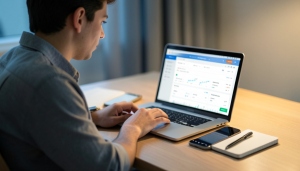 A borrower at a laptop capturing a student loan account dashboard, with a phone and notes on the desk