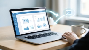 A creator reviewing newsletter analytics on a laptop while planning a platform migration