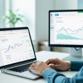 A marketer reviewing email campaign analytics on a laptop and a second monitor at a desk
