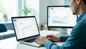 A marketer reviewing email campaign analytics on a laptop and a second monitor at a desk