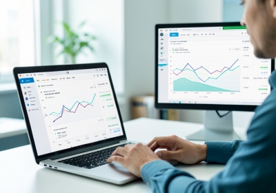 A marketer reviewing email campaign analytics on a laptop and a second monitor at a desk