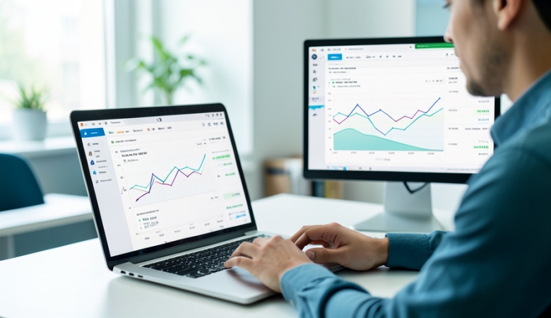 A marketer reviewing email campaign analytics on a laptop and a second monitor at a desk