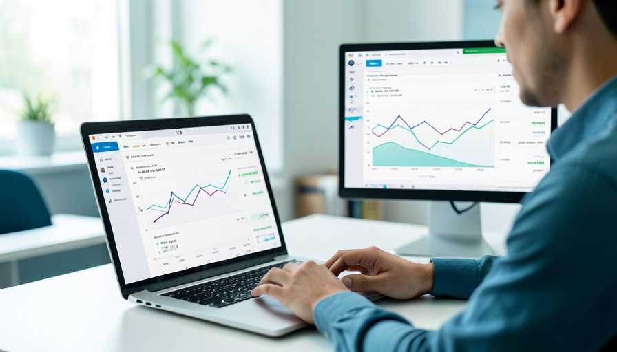 A marketer reviewing email campaign analytics on a laptop and a second monitor at a desk