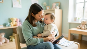 A parent and child in a bright pediatric waiting room while the parent reviews insurance paperwork on a phone