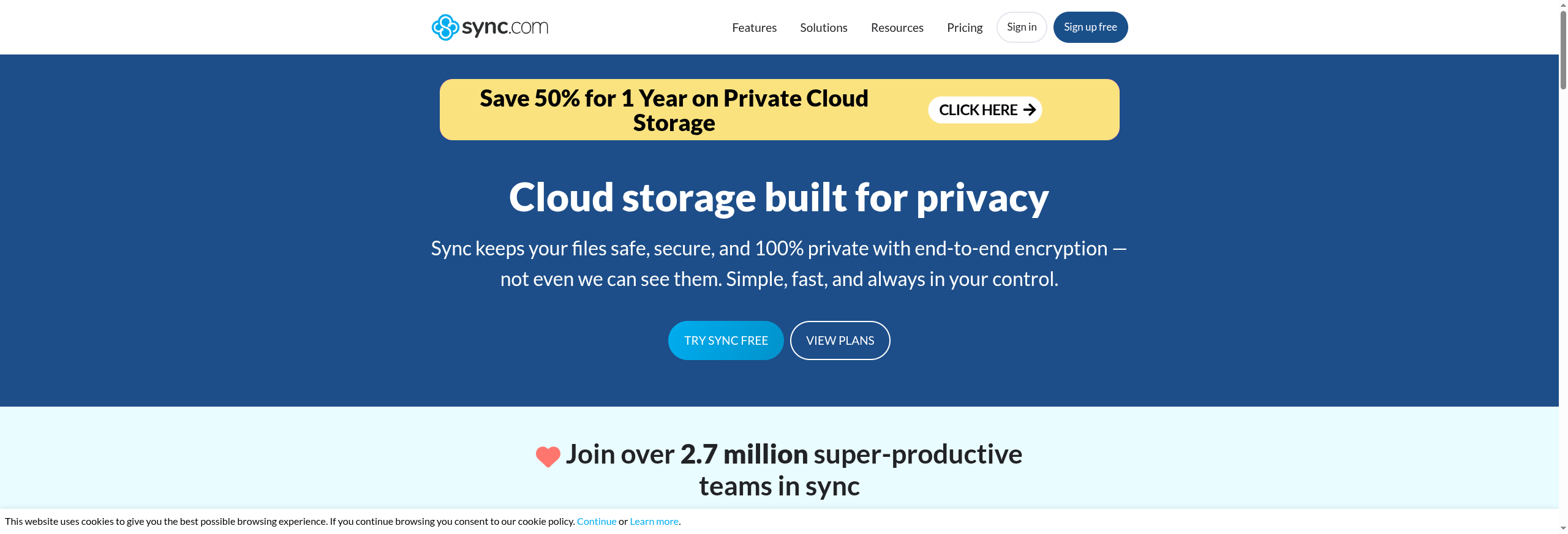 Sync.com homepage with the tagline Cloud storage built for privacy