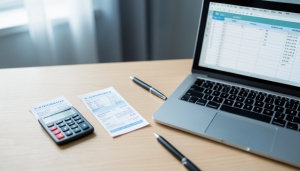 A person comparing two printed pay stubs side by side next to a laptop and calculator at a desk