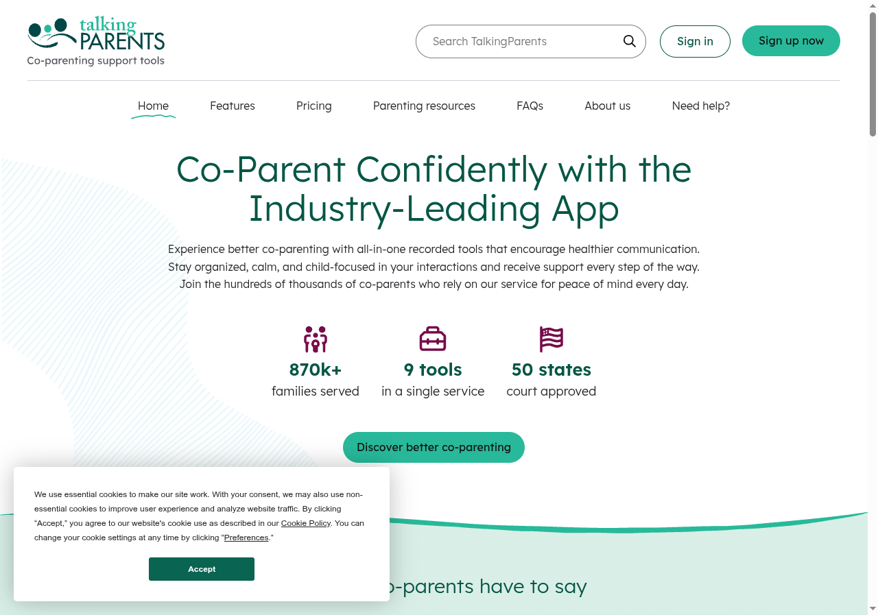 TalkingParents homepage describing court-friendly co-parenting support tools