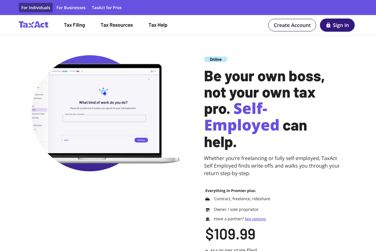 TaxAct Self-Employed product page