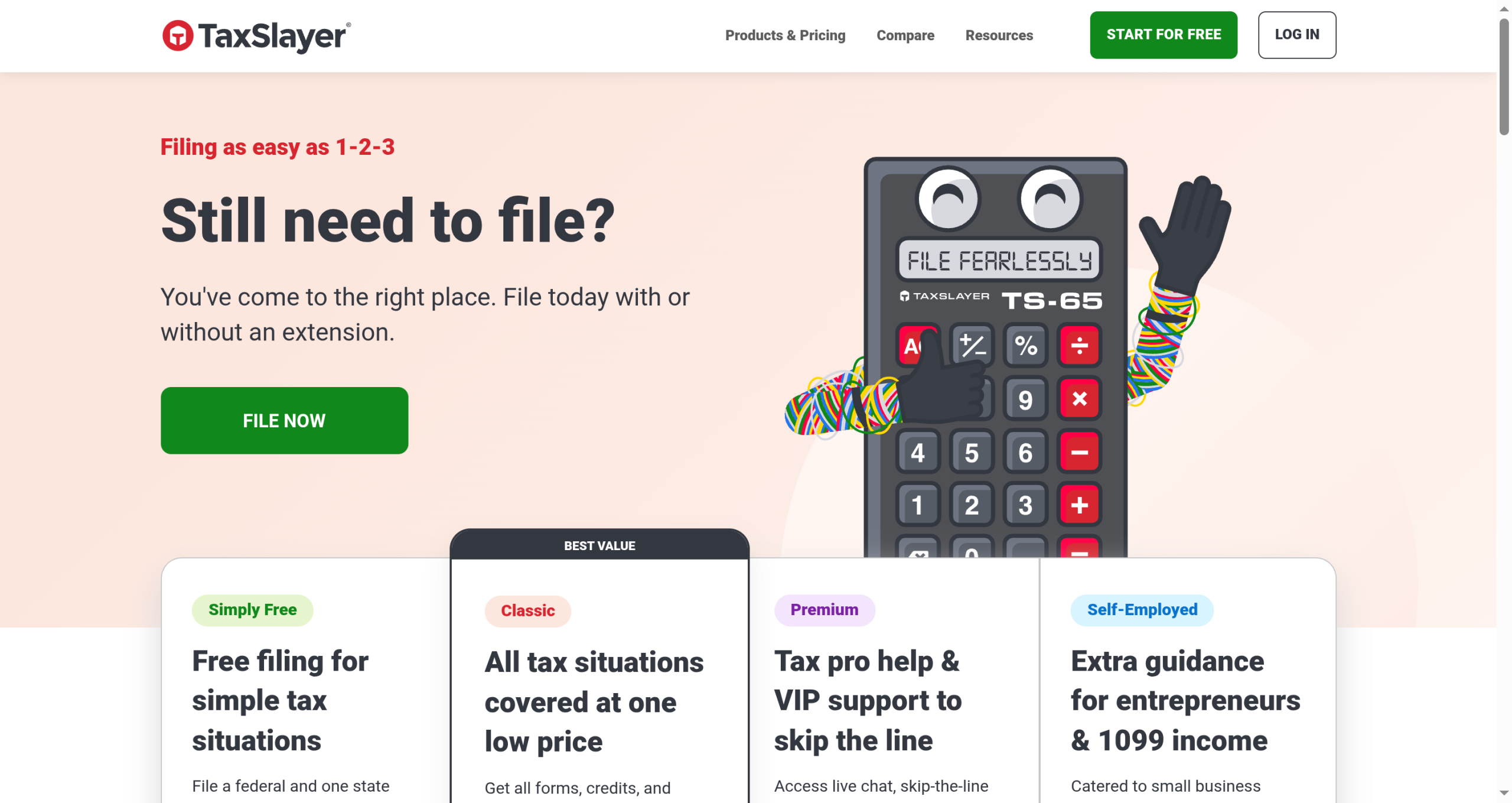 TaxSlayer home page showing the Simply Free tier alongside paid plans