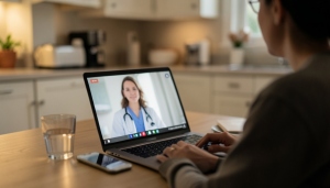 A person having a video visit with a doctor on a laptop at home to get a prescription