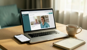 A person in a teletherapy video session on a laptop while reviewing a receipt on a phone at home