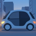 A small futuristic driverless robotaxi pod parked on a quiet city street at dusk