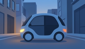 A small futuristic driverless robotaxi pod parked on a quiet city street at dusk