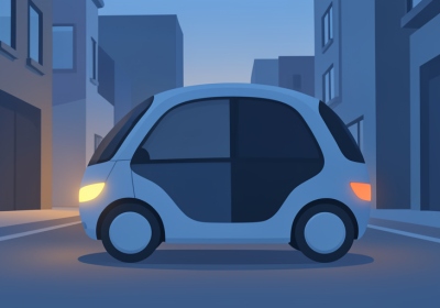 A small futuristic driverless robotaxi pod parked on a quiet city street at dusk