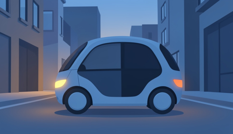 A small futuristic driverless robotaxi pod parked on a quiet city street at dusk