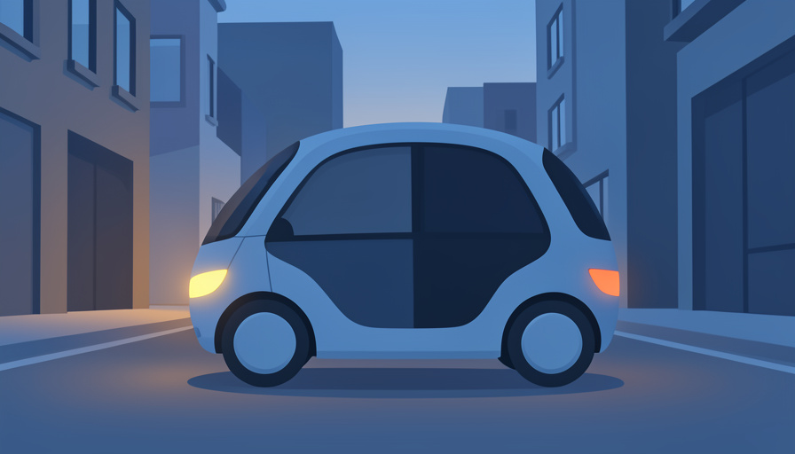 A small futuristic driverless robotaxi pod parked on a quiet city street at dusk