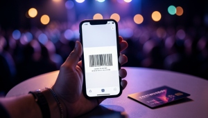 A person buying concert tickets on a smartphone with a mobile ticket barcode shown on screen