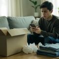 A shopper checking a phone next to an opened parcel and packing materials on a table
