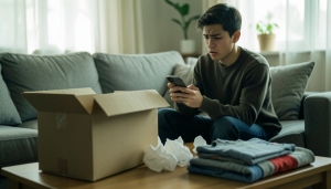 A shopper checking a phone next to an opened parcel and packing materials on a table