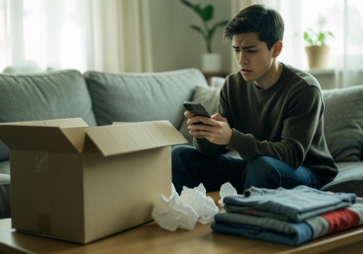 A shopper checking a phone next to an opened parcel and packing materials on a table