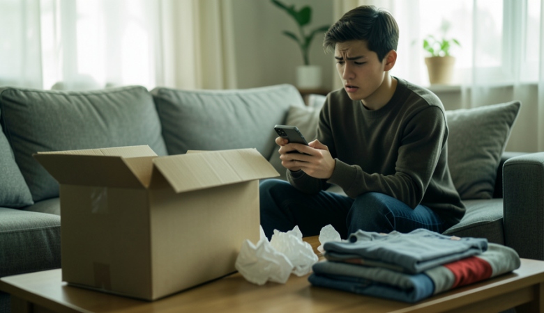 A shopper checking a phone next to an opened parcel and packing materials on a table