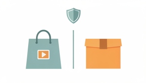 A minimalist illustration of a shopping bag with a play icon beside a delivery box, divided down the middle with a shield above