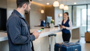 A traveler checking a phone at a hotel front desk with luggage