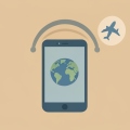 A minimalist illustration of a smartphone showing a globe with signal arcs and an airplane silhouette in the background