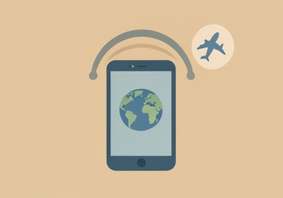 A minimalist illustration of a smartphone showing a globe with signal arcs and an airplane silhouette in the background