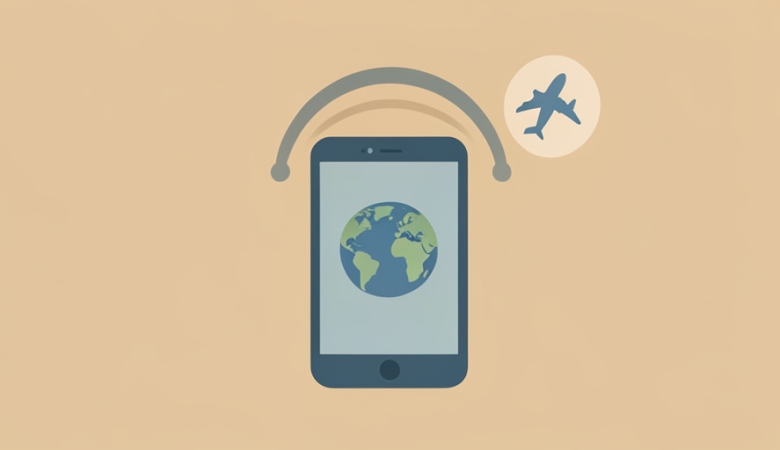 A minimalist illustration of a smartphone showing a globe with signal arcs and an airplane silhouette in the background