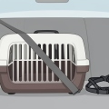 A pet carrier secured on a car back seat with a seatbelt strap and a small dog harness beside it