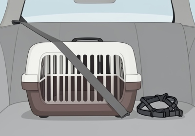 A pet carrier secured on a car back seat with a seatbelt strap and a small dog harness beside it