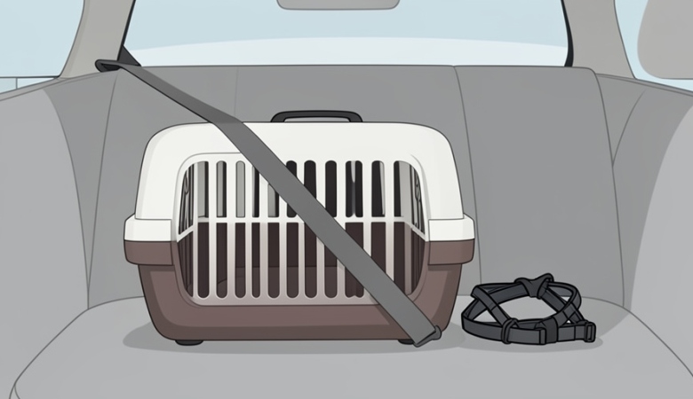 A pet carrier secured on a car back seat with a seatbelt strap and a small dog harness beside it