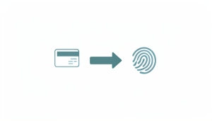 A minimalist illustration of a boarding-pass icon and a forward arrow leading to a fingerprint scan icon