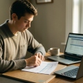 A freelancer organizing 1099 tax documents at a desk with a laptop and calculator