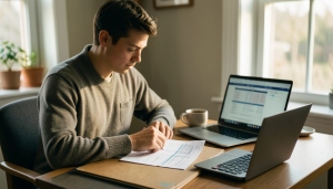 A freelancer organizing 1099 tax documents at a desk with a laptop and calculator