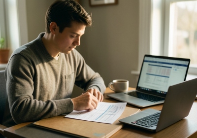 A freelancer organizing 1099 tax documents at a desk with a laptop and calculator