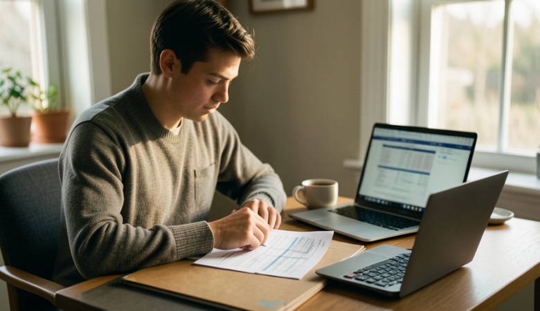A freelancer organizing 1099 tax documents at a desk with a laptop and calculator