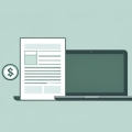 A minimalist illustration of a tax document with a dollar coin beside a laptop