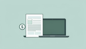 A minimalist illustration of a tax document with a dollar coin beside a laptop