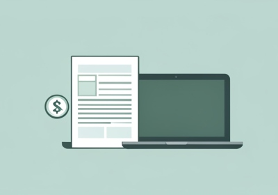 A minimalist illustration of a tax document with a dollar coin beside a laptop