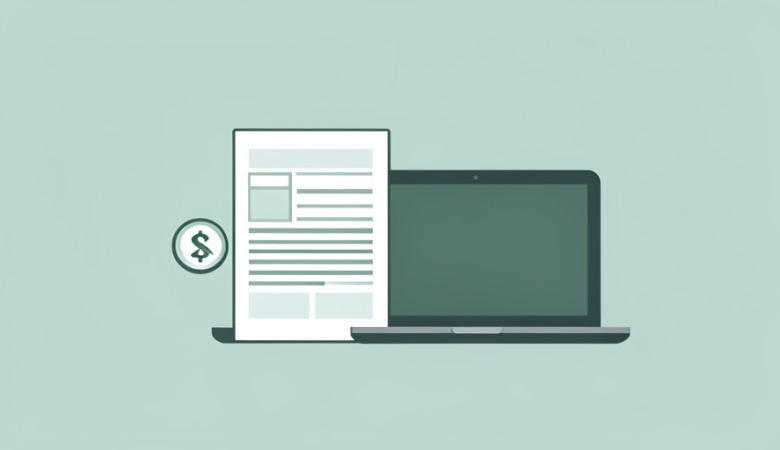A minimalist illustration of a tax document with a dollar coin beside a laptop