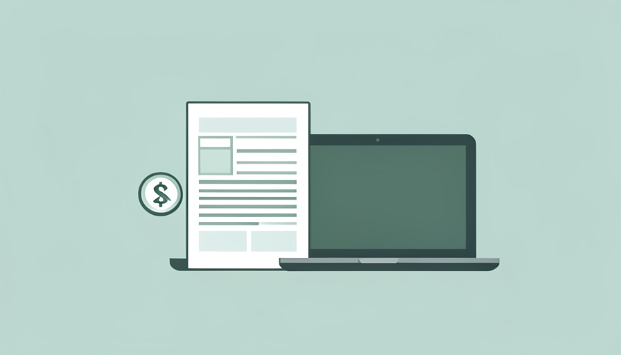 A minimalist illustration of a tax document with a dollar coin beside a laptop