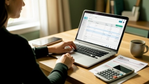 A gig worker at a laptop preparing taxes with 1099 forms, a phone, and a notebook on the desk
