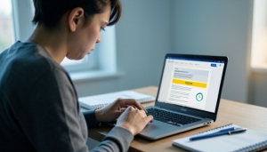 A college student at a laptop looking concerned while reviewing an essay flagged by an AI detection report