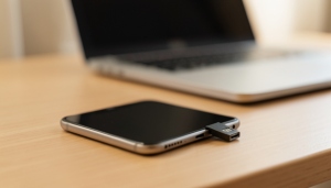 A phone and a small hardware security key on a desk, both set up as passkeys for one account
