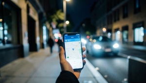 A person at night checking a rideshare app on a phone while waiting for a car under a streetlight