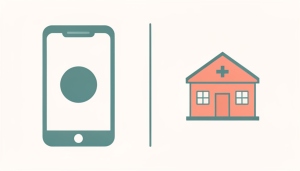 Illustration of a smartphone video visit beside a small clinic building, representing virtual and in-person urgent care