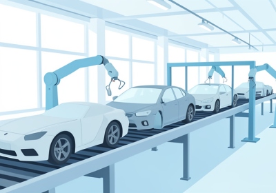 An auto assembly line with generic unbranded car bodies moving along a conveyor in a bright factory